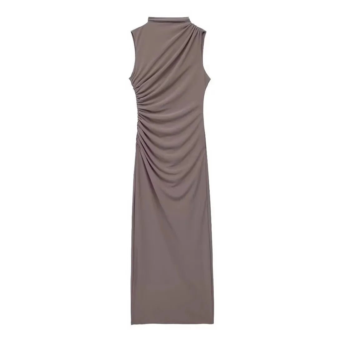 Women Half High Collar Sleeveless Ruffles Bodycon. Lady Robes Elegant Split Long Dress - WAREHOUSE SHOP