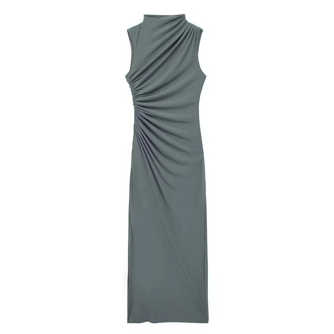 Women Half High Collar Sleeveless Ruffles Bodycon. Lady Robes Elegant Split Long Dress - WAREHOUSE SHOP