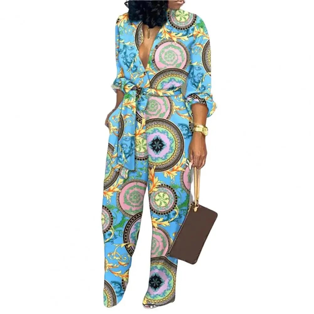 Women Jumpsuit V - Neck Long Sleeve High Waist Buttons Half Placket Pockets Autumn Abstract Print Front Belted Jumpsuit - WAREHOUSE SHOP