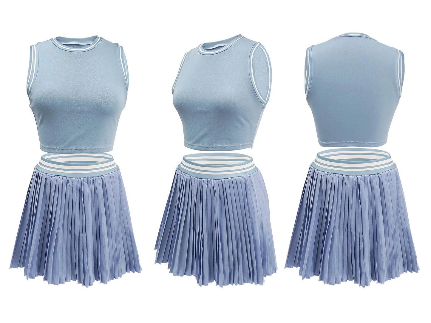 Women O - neck Mini Tank Top and Pleated Mini Skirt Suit. Fitness 2Piece Set Outfit. - WAREHOUSE SHOP