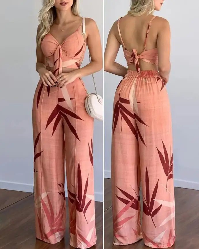 Women’s 2 - Piece Set – Sexy Sleeveless Backless Leaf Print Crop Top & Wide Leg Pants - WAREHOUSE SHOP