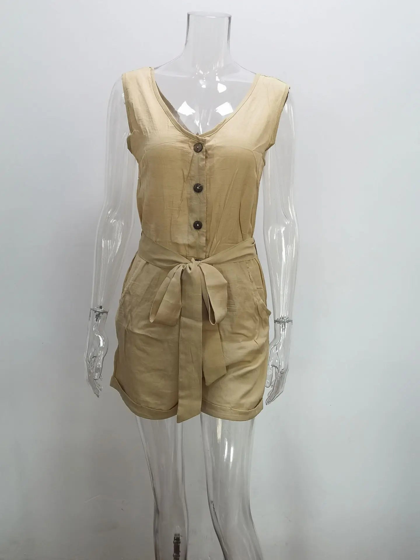 Women's Casual V - neck Monochromatic Jumpsuit, Five - Point Shorts, European and American, Summer, New, 2024 - WAREHOUSE SHOP