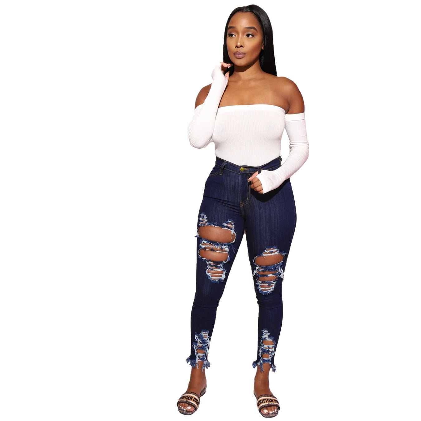 Women's Cotton Elastic Ripped Elastic Foot Pants - WAREHOUSE SHOP