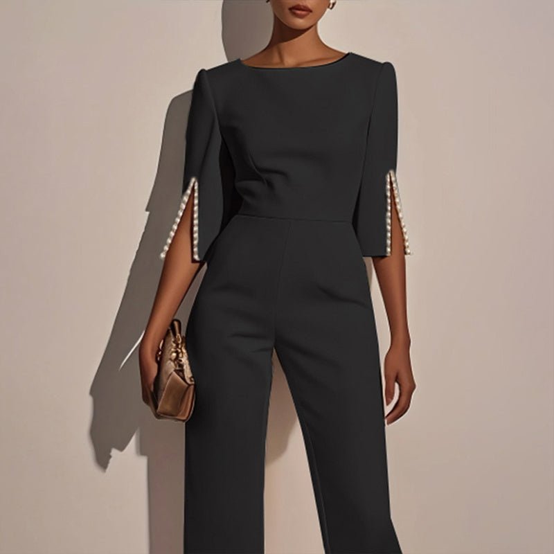 Women's Elegant Round Neck Jumpsuit - Mid - Sleeve With Side Slit Cuffs & Pearl Accents, Back Zipper Design For Casual To Formal Events - WAREHOUSE SHOP