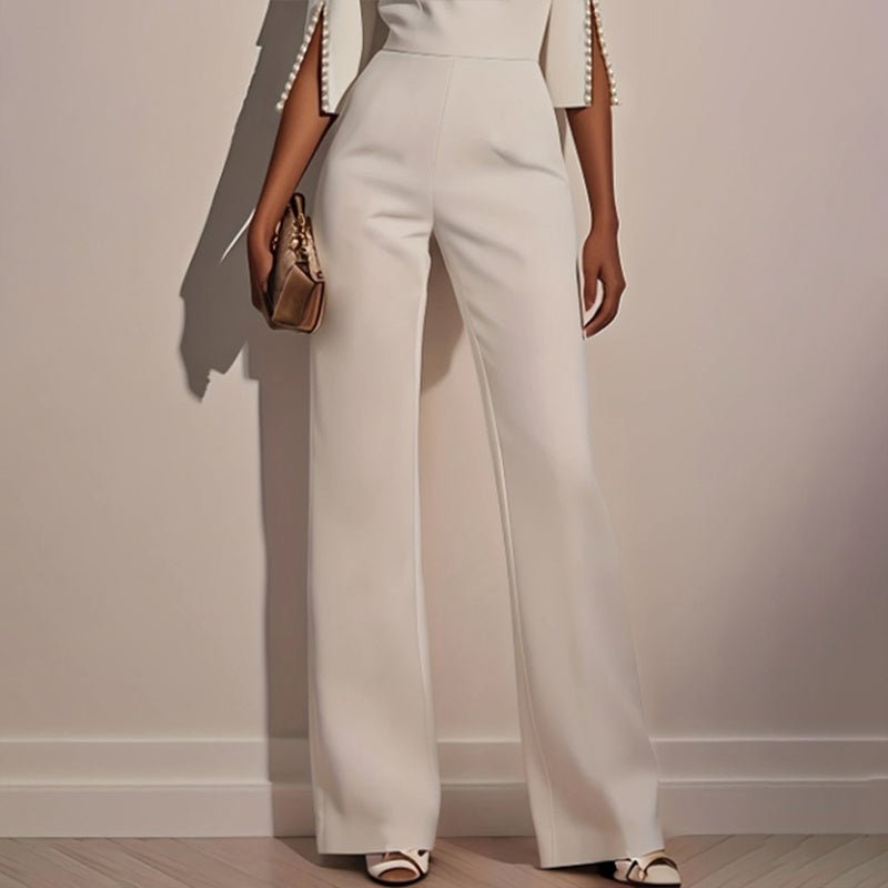 Women's Elegant Round Neck Jumpsuit - Mid - Sleeve With Side Slit Cuffs & Pearl Accents, Back Zipper Design For Casual To Formal Events - WAREHOUSE SHOP