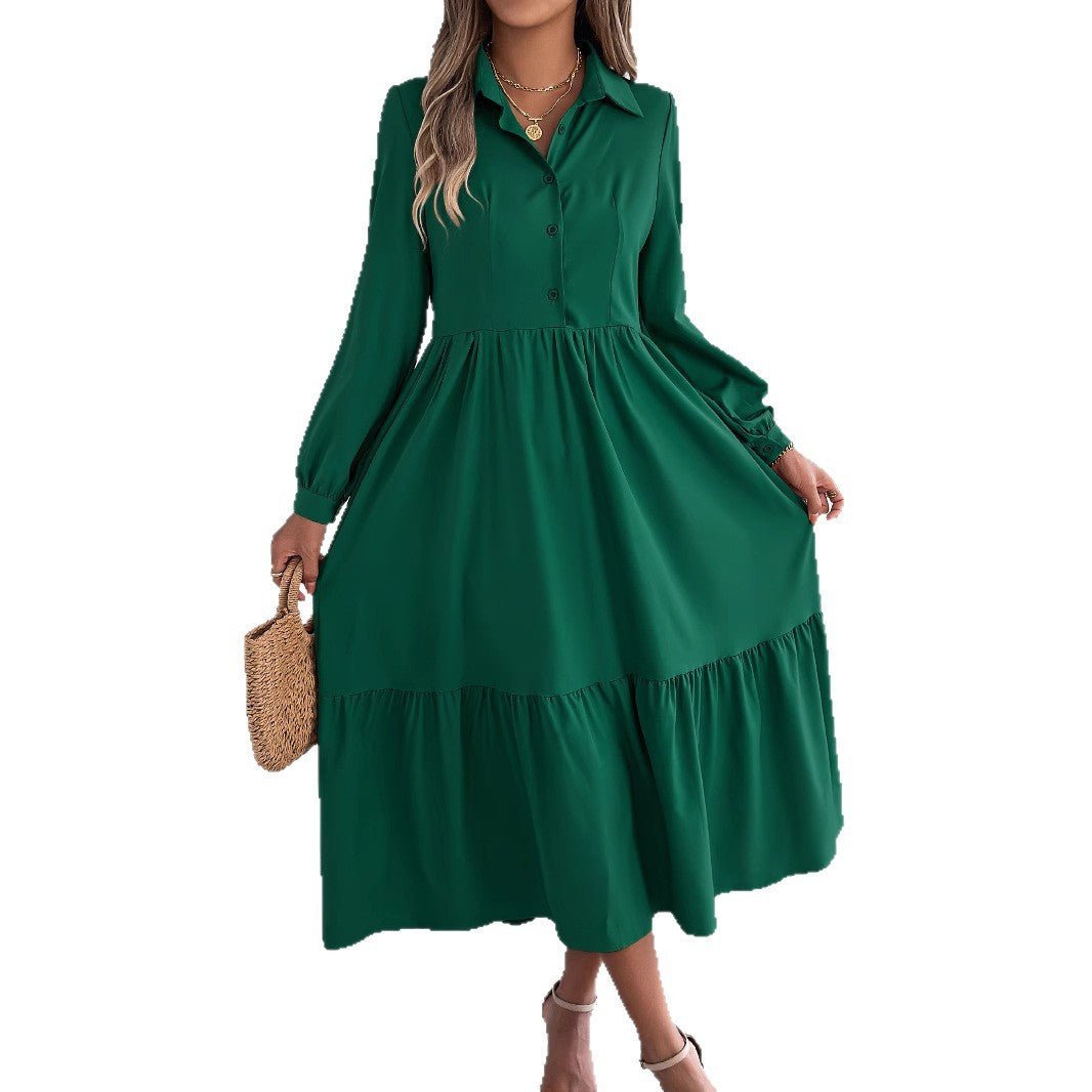 Women's Lapel Casual Loose Long Sleeve Ruffled Shirt Dresses Long Sleeved Turn - down Collar Single - Breasted Dress Spring Autumn Fashion Women's Clothing For Vacation - WAREHOUSE SHOP