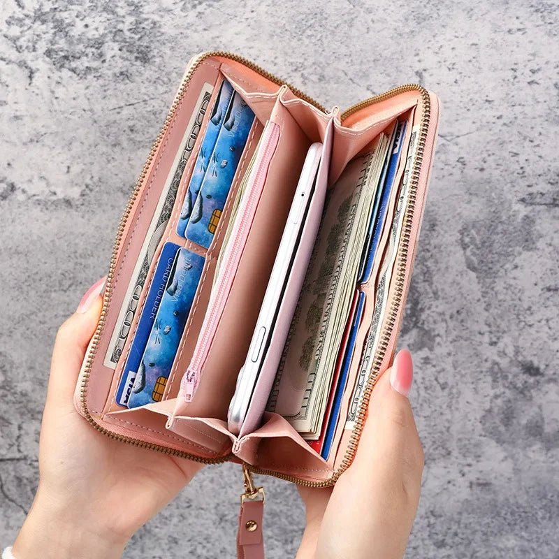 Women’s long PU leather zipper wallet with coin purse, card holder, and billfold design – stylish and practical everyday accessory. - WAREHOUSE SHOP