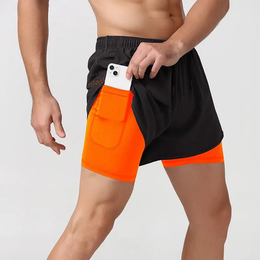 2 In 1 Fitness Men's Shorts. Training, Gym, Sports Short Pants Built - in Pocket Double - deck - WAREHOUSE SHOP