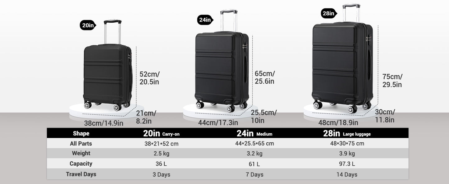 Kono Lightweight Cabin Suitcase - 20/24/28 Inch ABS Hard Shell, Fits EasyJet Under Seat, large-Compact Carry-On Trolley Case