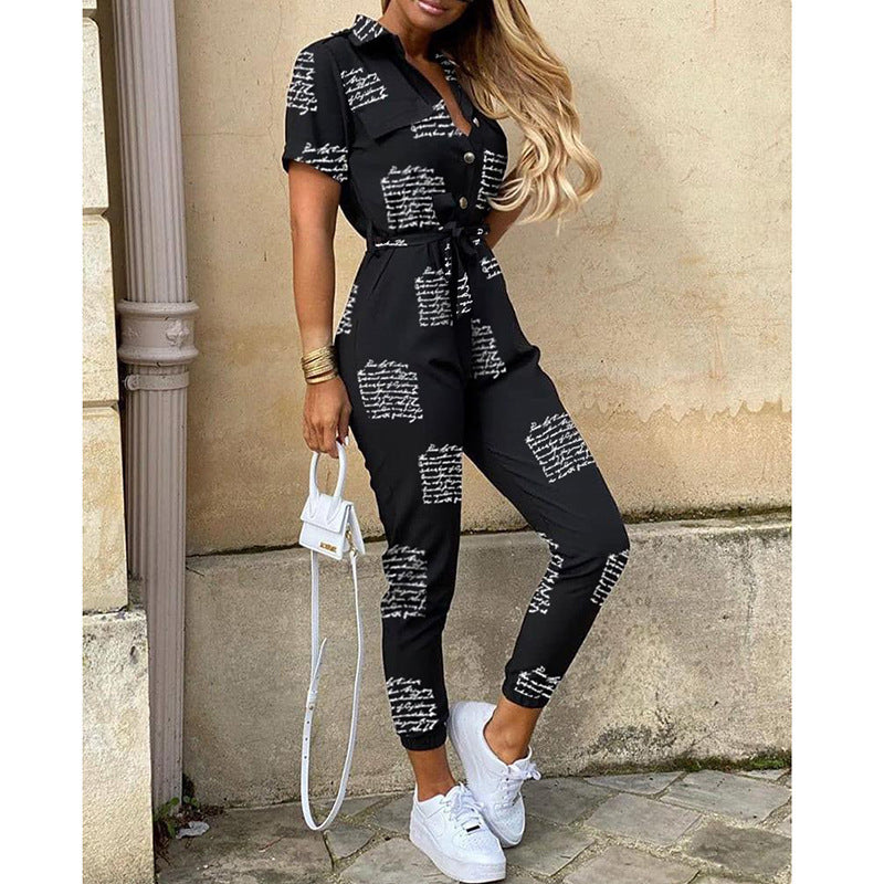 Classic, Casual, Lapel Printed Belt Overalls, Jumpsuit for women