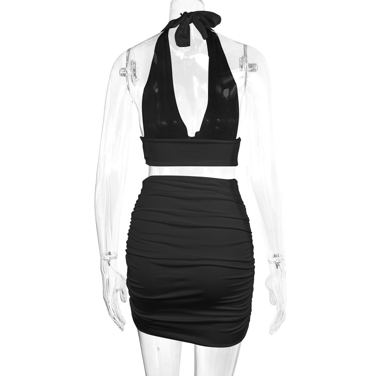 2 piece Dress Suits For Women. Halter Lace-up Hip Top and Pleated Hip-covering Skirt