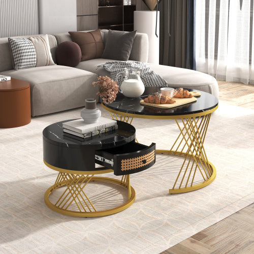 2-in-1 Marble Coffee Table with Rattan Storage