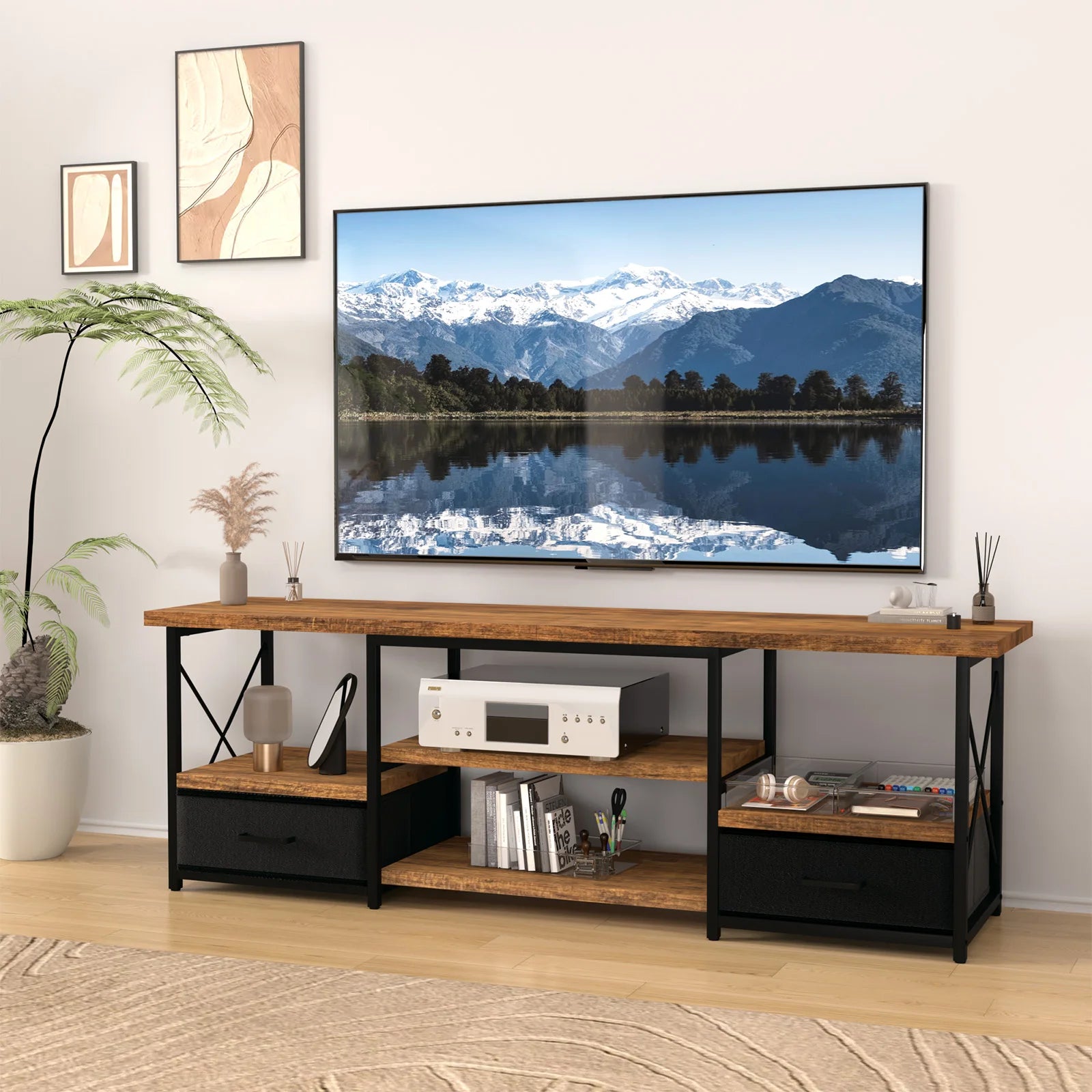 65“ TV Stand with Fabric Drawers - Black - WAREHOUSE SHOP