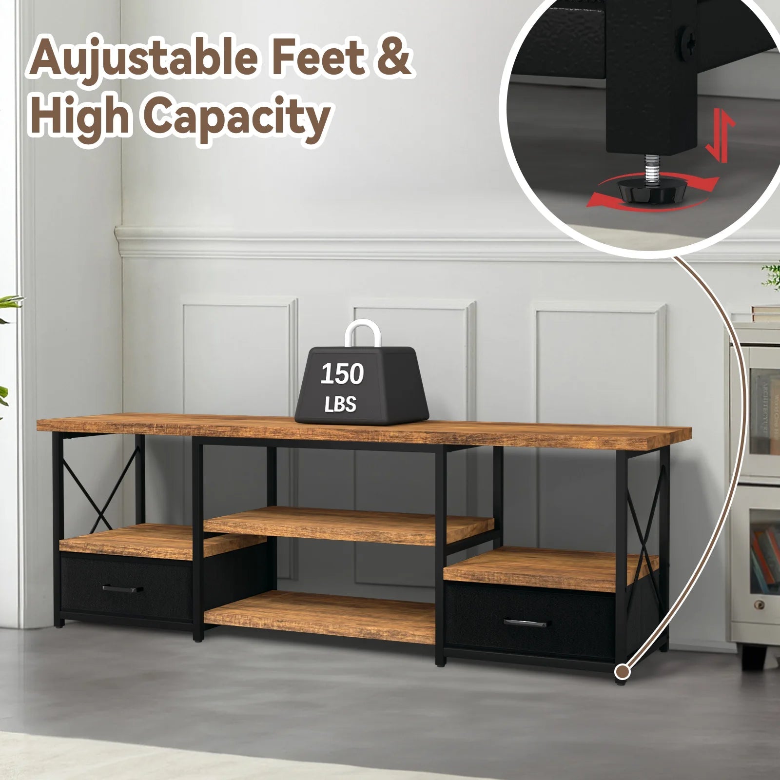 65“ TV Stand with Fabric Drawers - Black - WAREHOUSE SHOP
