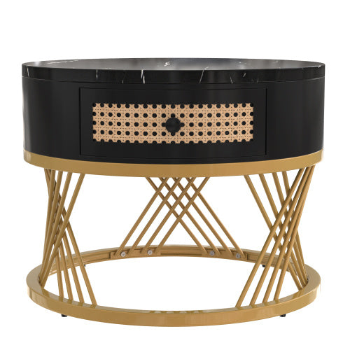 2-in-1 Round Coffee Table - Marble Top with Rattan Drawers