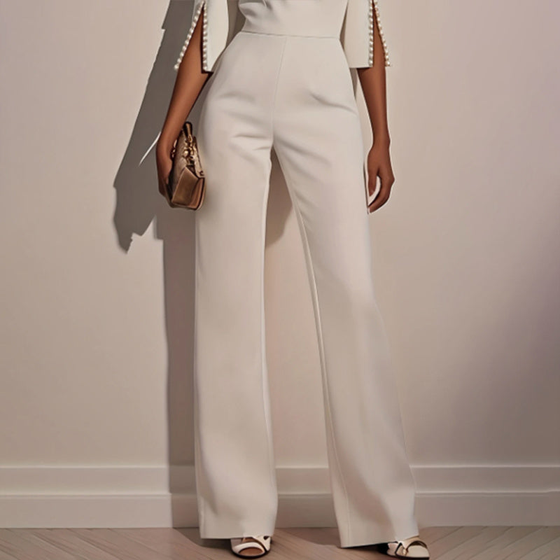 Women's Elegant Round Neck Jumpsuit - Mid-Sleeve With Side Slit Cuffs & Pearl Accents, Back Zipper Design For Casual To Formal Events