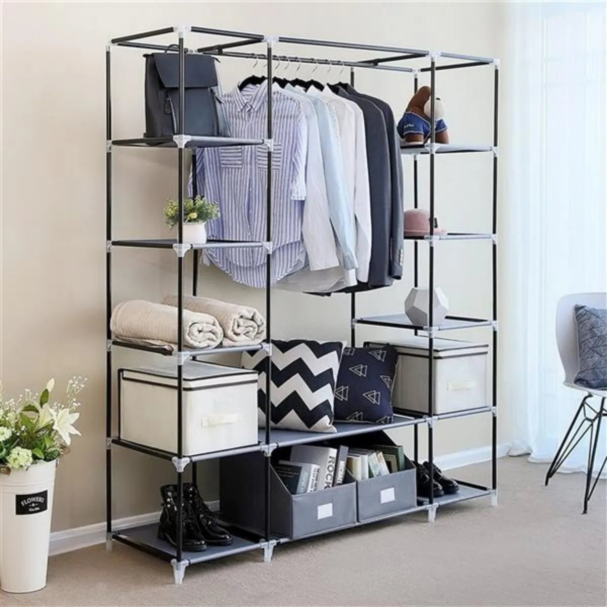 69" Portable Clothes Closet Wardrobe Storage Organizer with Non - Woven Fabric Quick and Easy to Assemble Extra Strong and Durable - WAREHOUSE SHOP