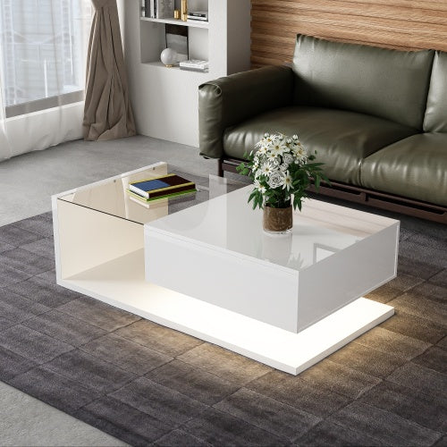 Modern White LED Coffee Table with Glass Top