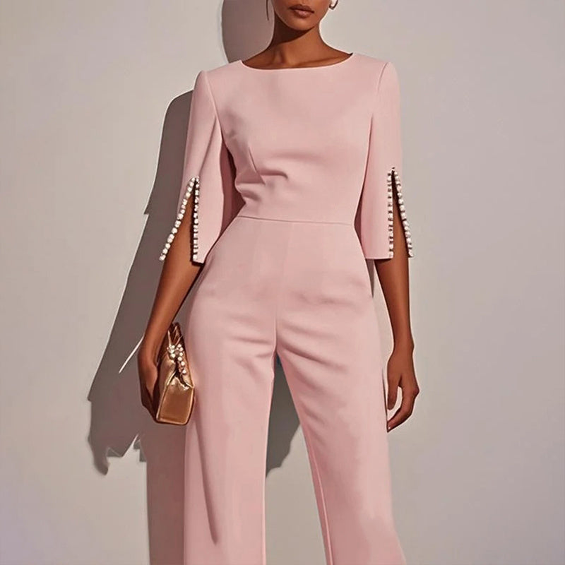Women's Elegant Round Neck Jumpsuit - Mid-Sleeve With Side Slit Cuffs & Pearl Accents, Back Zipper Design For Casual To Formal Events