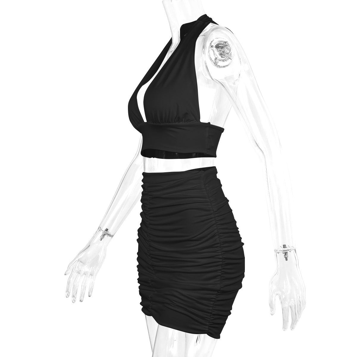 2 piece Dress Suits For Women. Halter Lace-up Hip Top and Pleated Hip-covering Skirt
