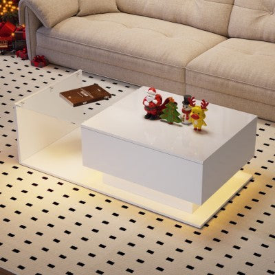 LED Coffee Table, Modern High Gloss Coffee Table, Center Table With Glass, Modern Coffee Table For Living Room With Drawer White