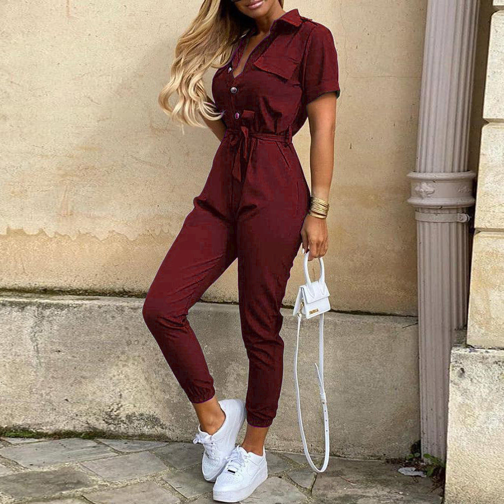 Classic, Casual, Lapel Printed Belt Overalls, Jumpsuit for women