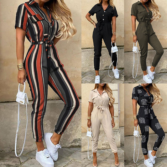 Classic, Casual, Lapel Printed Belt Overalls, Jumpsuit for women