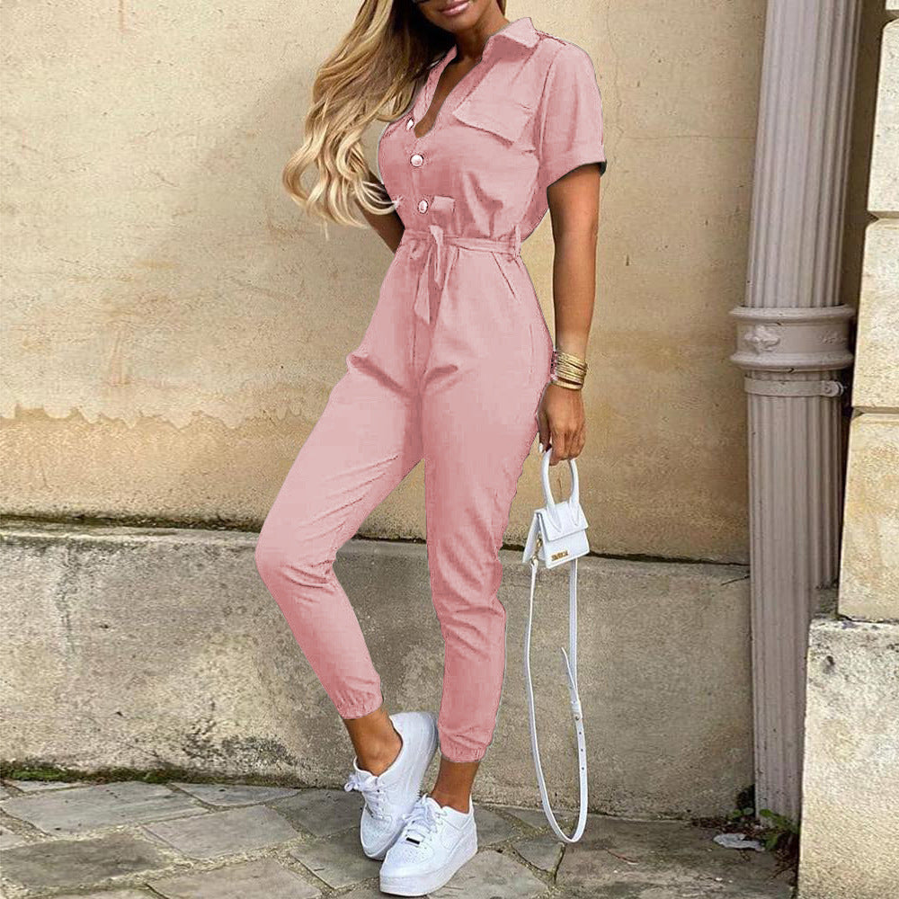 Classic, Casual, Lapel Printed Belt Overalls, Jumpsuit for women