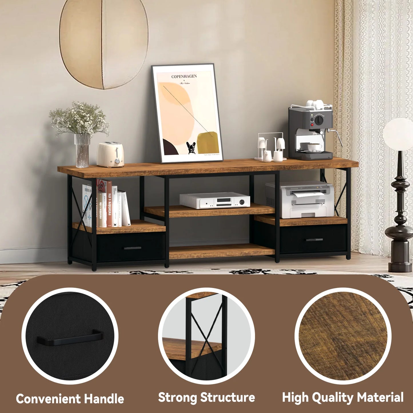 65“ TV Stand with Fabric Drawers-Black