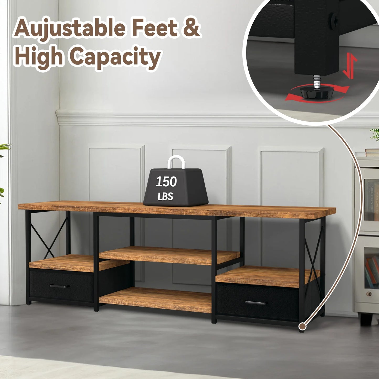 65“ TV Stand with Fabric Drawers-Black
