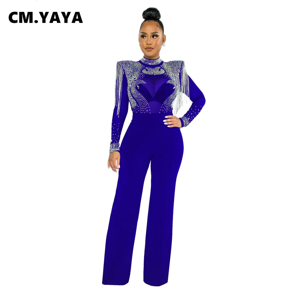 CM.YAYA Women Jumpsuit Solid High Collar Hot Drill Mesh Shoulder Cotton Long Sleeves Long Straight Jumpsuit Sexy Party Outfits