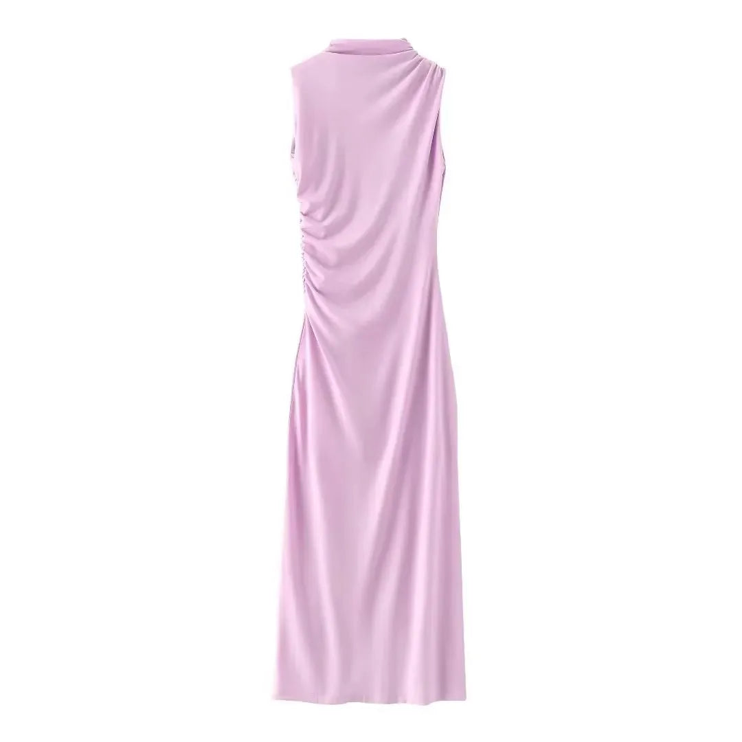 Women Half High Collar Sleeveless Ruffles Bodycon. Lady Robes Elegant Split Long Dress