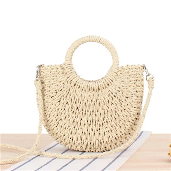 Fashion Handmade Yogodlns Half-Round Rattan Woven Straw Bag. Women Crossbody Bags, Ladies Small Beach Handbag