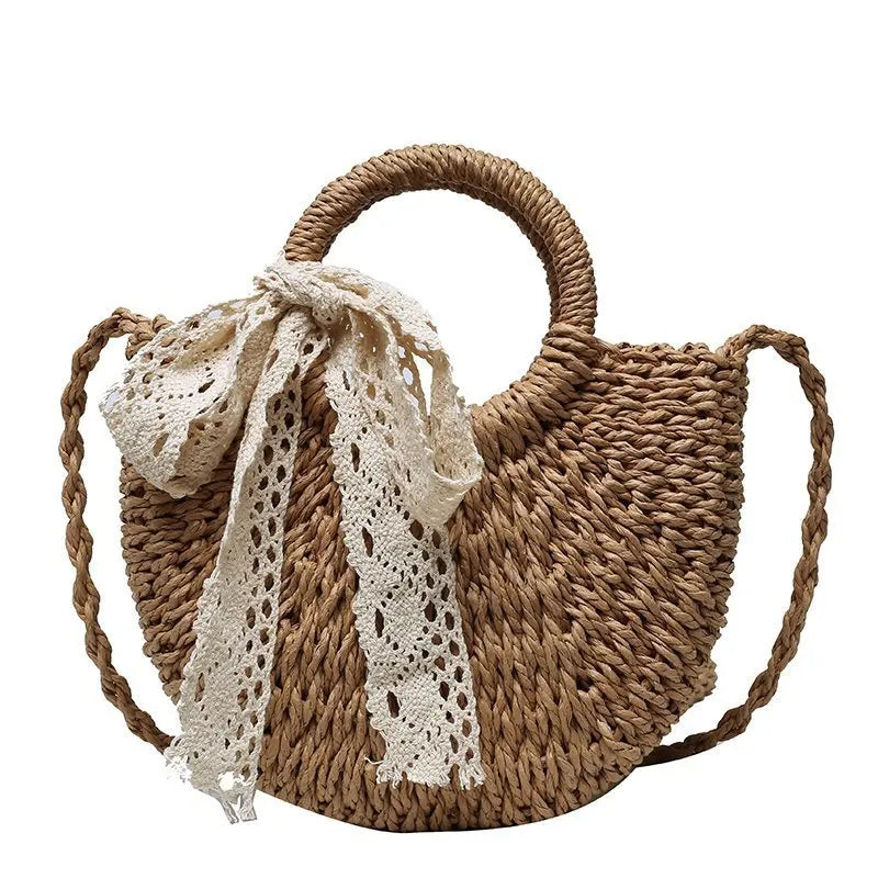 Fashion Handmade Yogodlns Half-Round Rattan Woven Straw Bag. Women Crossbody Bags, Ladies Small Beach Handbag