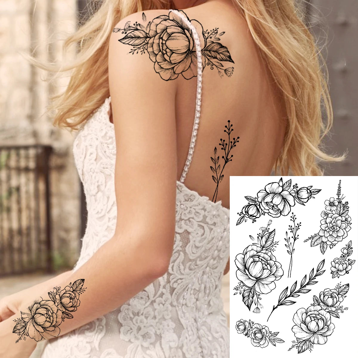 Sexy Flower Temporary Tattoos For Women Body Art Painting Arm Legs Tattoos Sticker Realistic Fake Black Rose Waterproof Tattoos