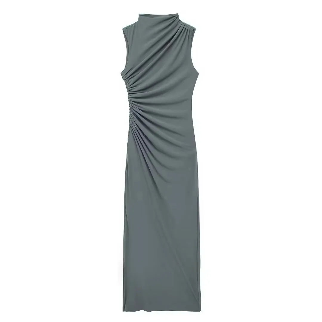 Women Half High Collar Sleeveless Ruffles Bodycon. Lady Robes Elegant Split Long Dress