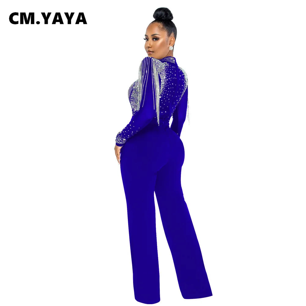 CM.YAYA Women Jumpsuit Solid High Collar Hot Drill Mesh Shoulder Cotton Long Sleeves Long Straight Jumpsuit Sexy Party Outfits