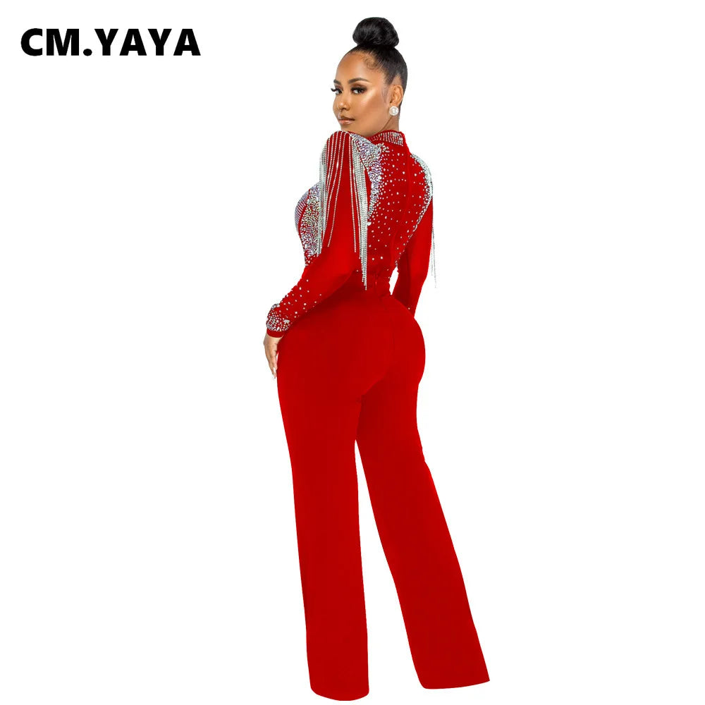 CM.YAYA Women Jumpsuit Solid High Collar Hot Drill Mesh Shoulder Cotton Long Sleeves Long Straight Jumpsuit Sexy Party Outfits