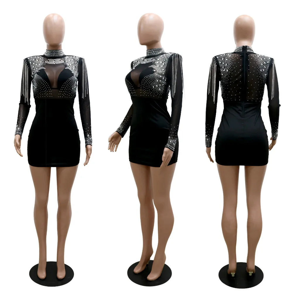 CM.YAYA Women Jumpsuit Solid High Collar Hot Drill Mesh Shoulder Cotton Long Sleeves Long Straight Jumpsuit Sexy Party Outfits