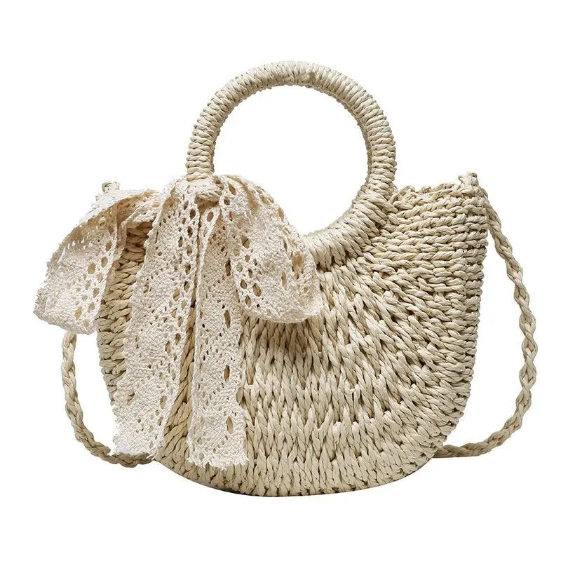 Fashion Handmade Yogodlns Half-Round Rattan Woven Straw Bag. Women Crossbody Bags, Ladies Small Beach Handbag