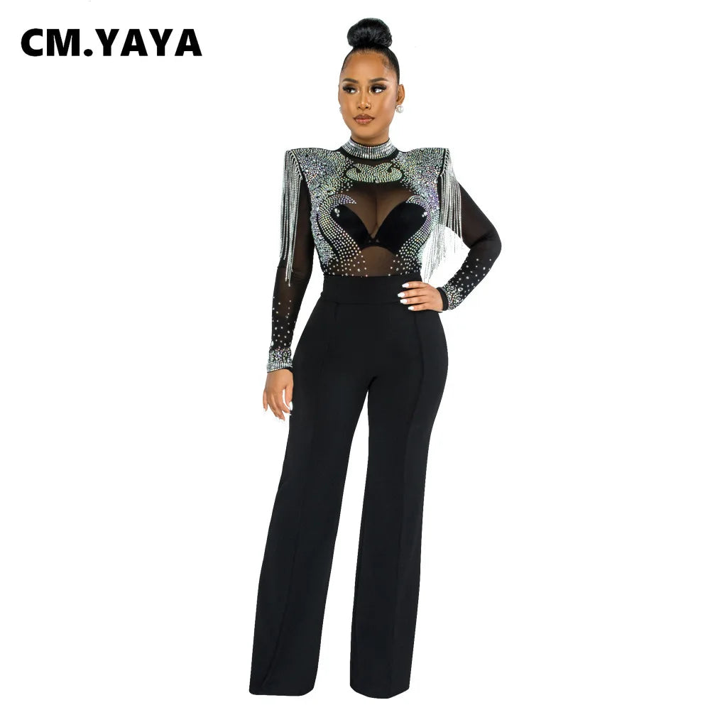 CM.YAYA Women Jumpsuit Solid High Collar Hot Drill Mesh Shoulder Cotton Long Sleeves Long Straight Jumpsuit Sexy Party Outfits