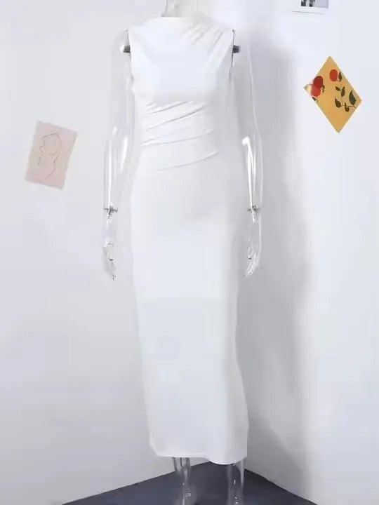 Women Half High Collar Sleeveless Ruffles Bodycon. Lady Robes Elegant Split Long Dress