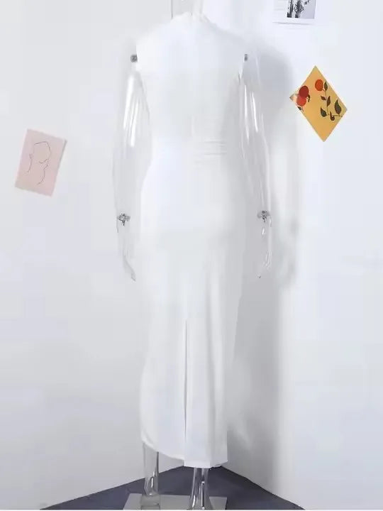 Women Half High Collar Sleeveless Ruffles Bodycon. Lady Robes Elegant Split Long Dress