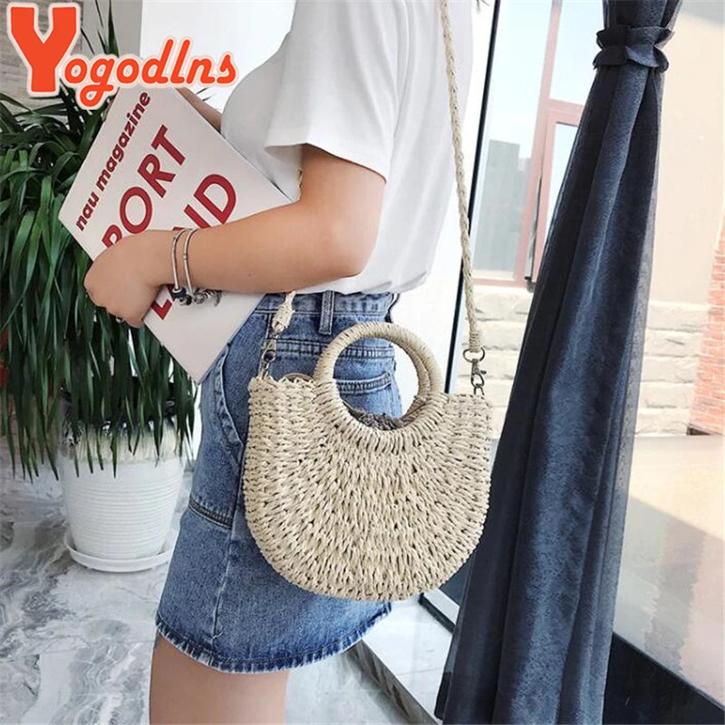 Fashion Handmade Yogodlns Half-Round Rattan Woven Straw Bag. Women Crossbody Bags, Ladies Small Beach Handbag
