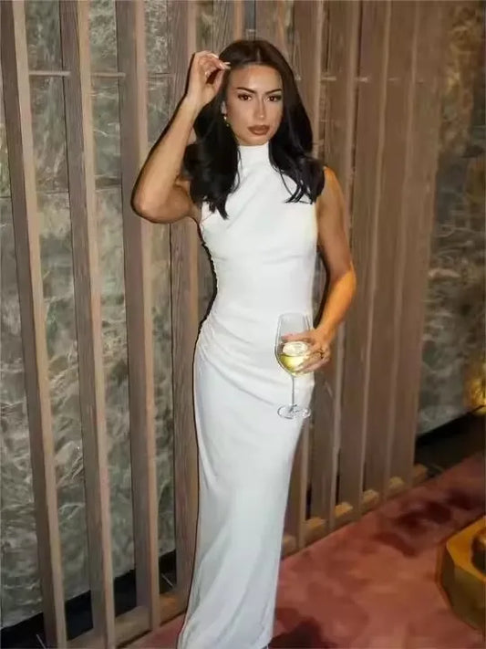 Women Half High Collar Sleeveless Ruffles Bodycon. Lady Robes Elegant Split Long Dress