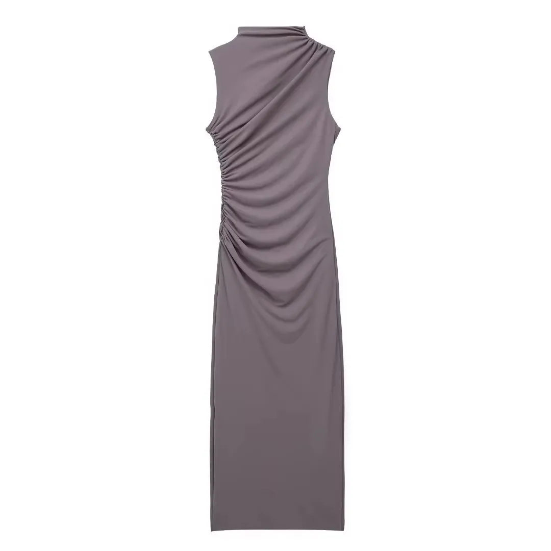 Women Half High Collar Sleeveless Ruffles Bodycon. Lady Robes Elegant Split Long Dress