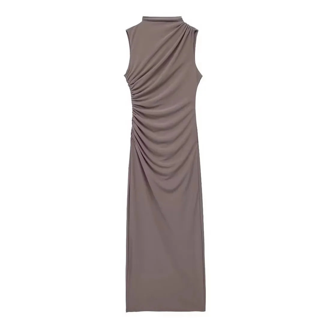 Women Half High Collar Sleeveless Ruffles Bodycon. Lady Robes Elegant Split Long Dress