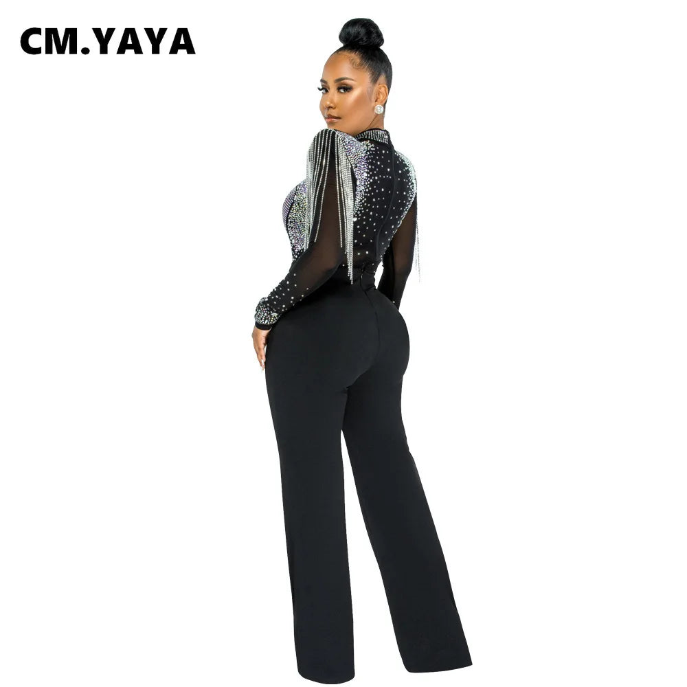 CM.YAYA Women Jumpsuit Solid High Collar Hot Drill Mesh Shoulder Cotton Long Sleeves Long Straight Jumpsuit Sexy Party Outfits