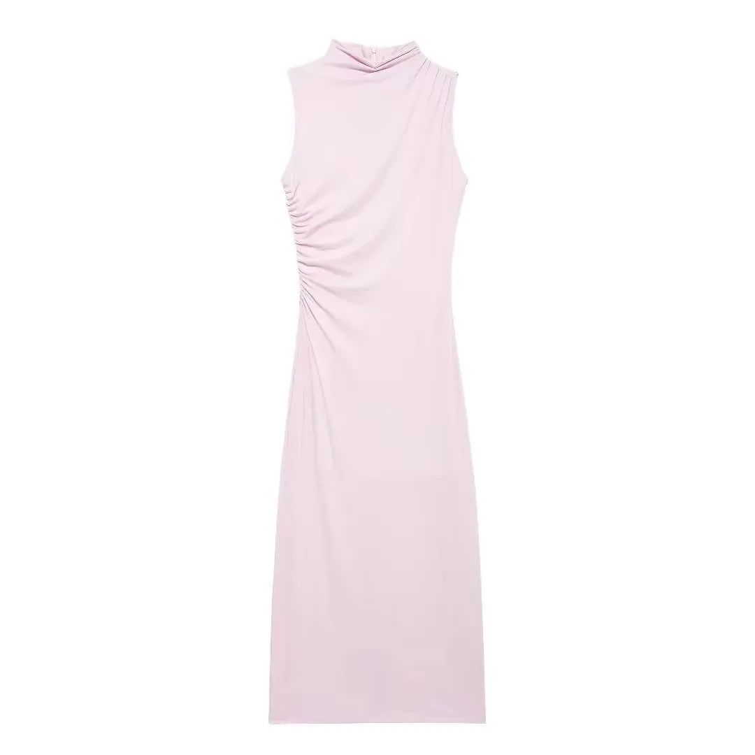 Women Half High Collar Sleeveless Ruffles Bodycon. Lady Robes Elegant Split Long Dress