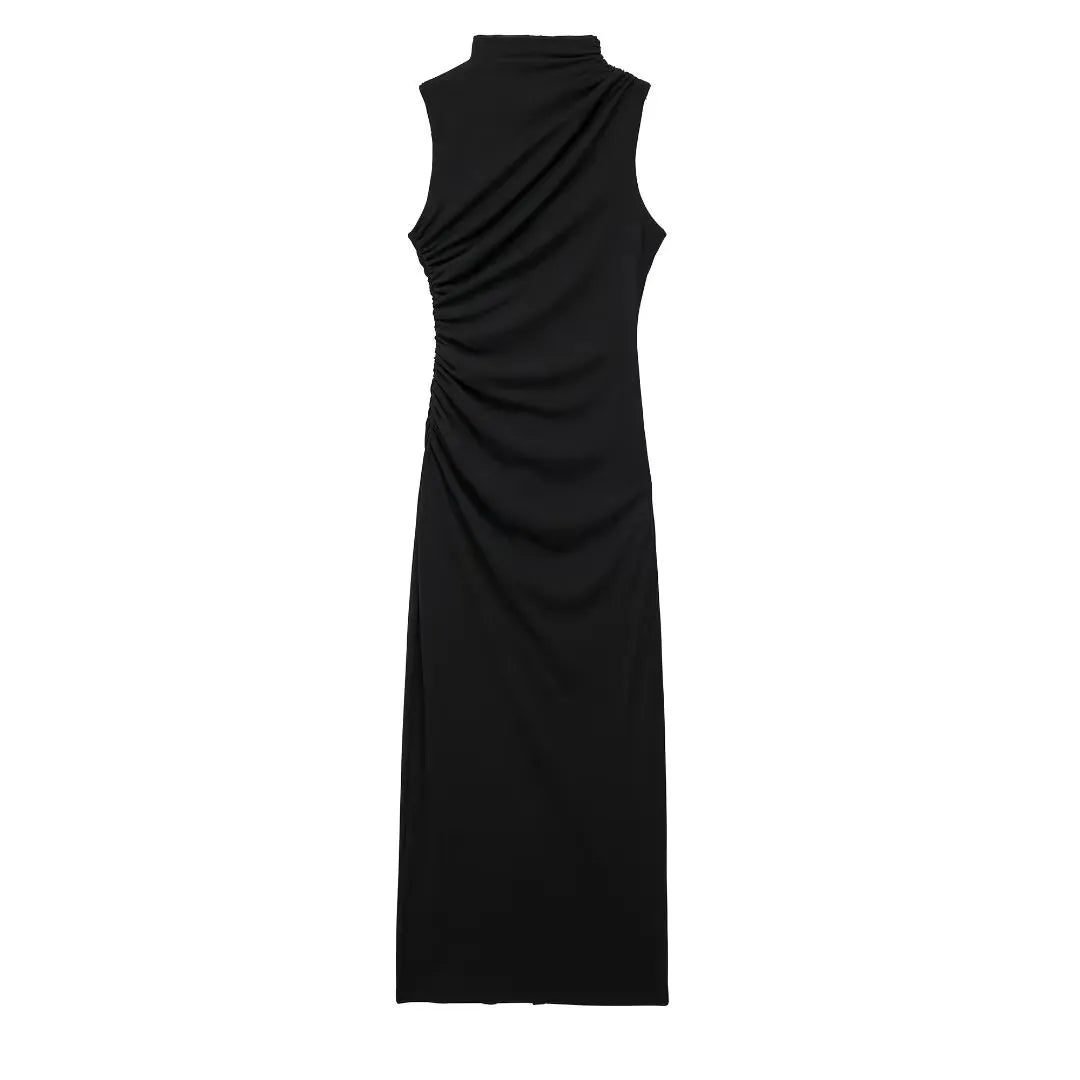 Women Half High Collar Sleeveless Ruffles Bodycon. Lady Robes Elegant Split Long Dress
